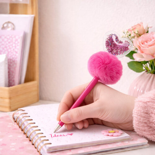Stylo pompon cœur paillette