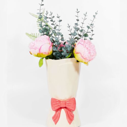 Vase bouquet & noeud rose