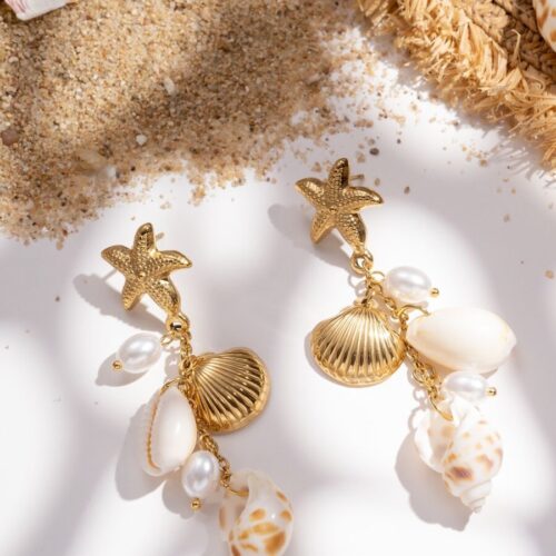 Boucle d'oreille pendante étoile de mer & coquillages